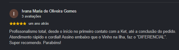 Avaliação 5 estrelas de cliente Vinho na Ilha