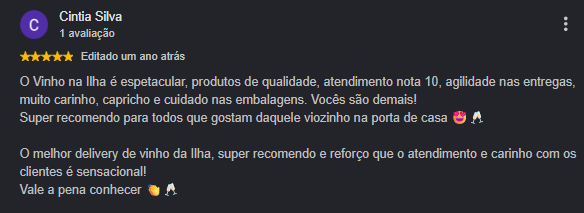 Avaliação 5 estrelas de cliente Vinho na Ilha