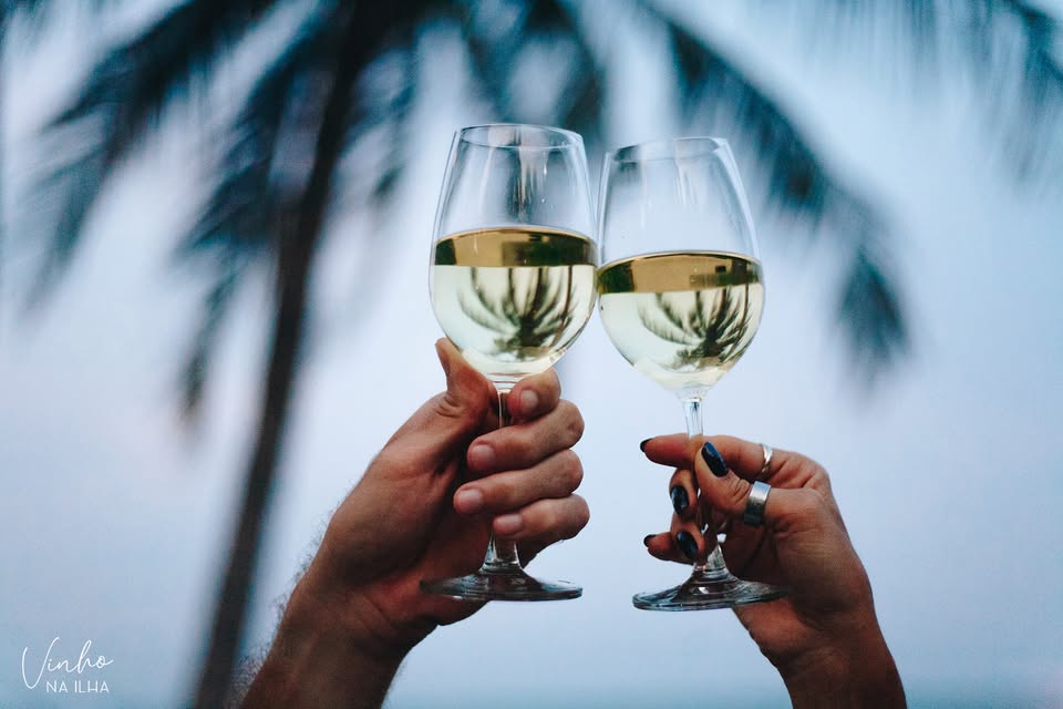 Duas pessoas brindando com vinho branco em Florianópolis