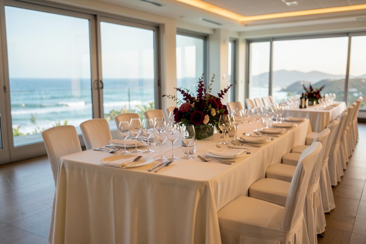 Casa de eventos com mesas e taças preparadas